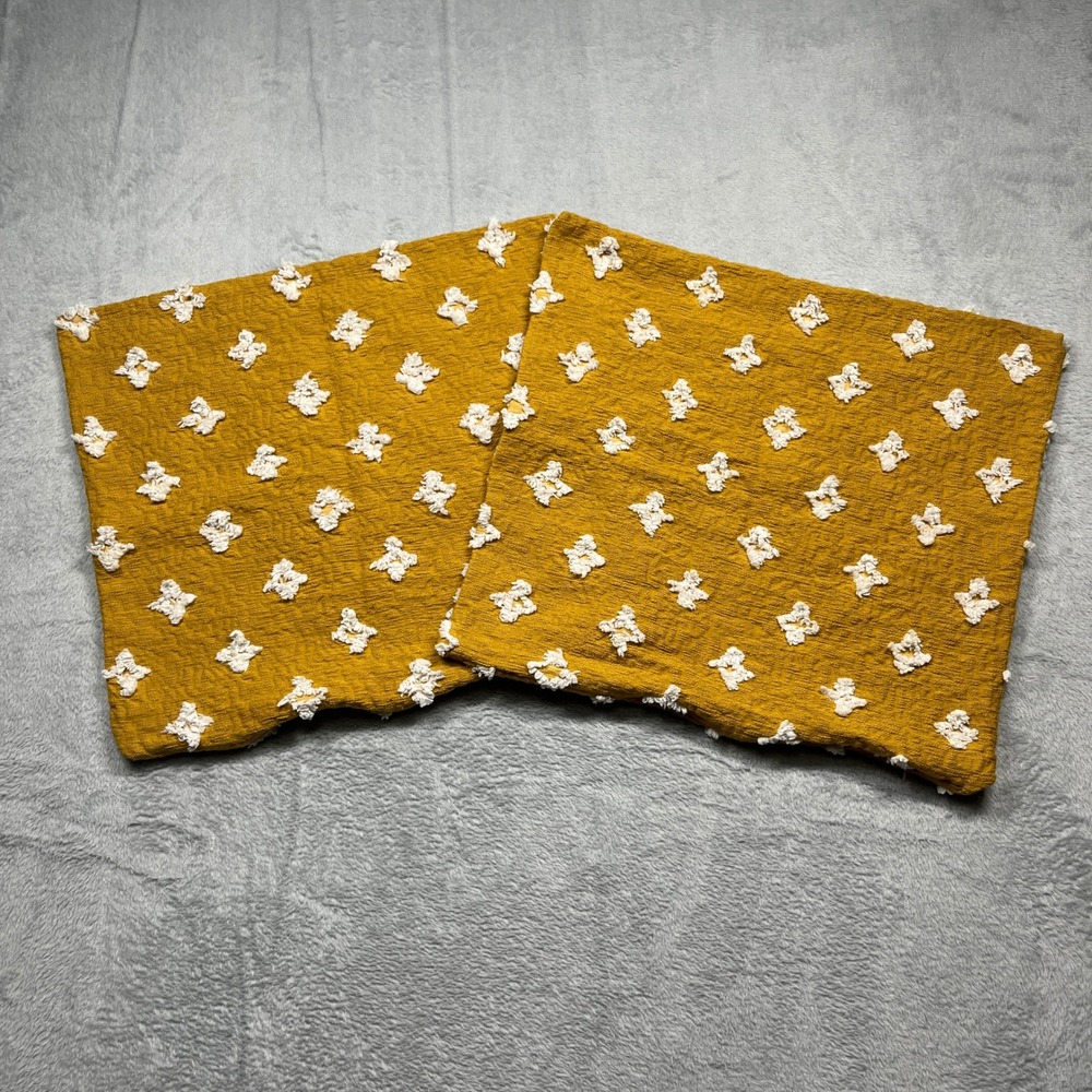 Boho Mustard Yellow Throw Pillow Covers 2pc White Tufted Floral Textured Accent